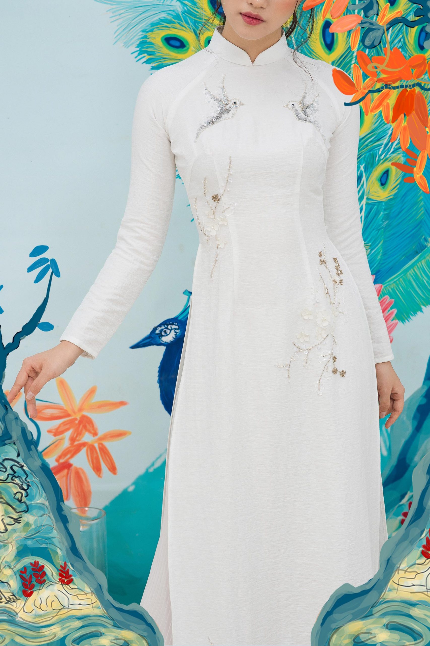 Áo dài cặp đôi Uyên Ương Trắng